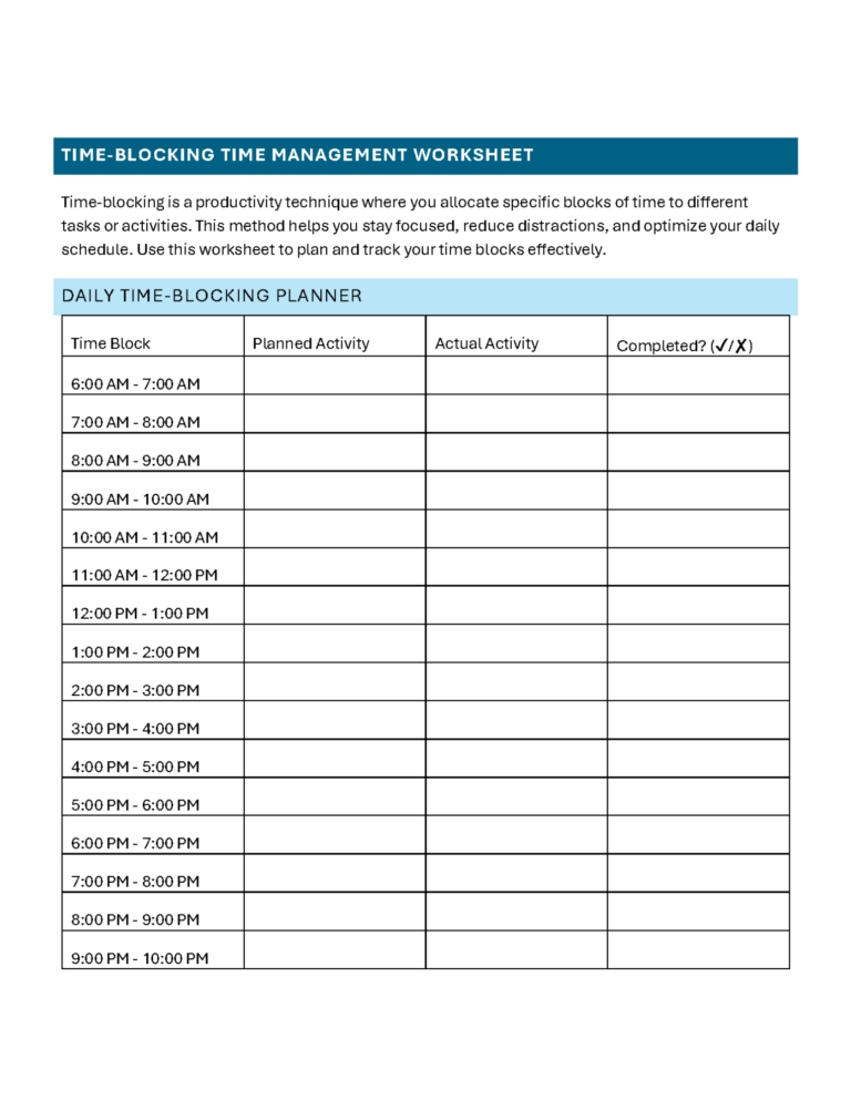 Time Management Worksheet Free Printable Guide