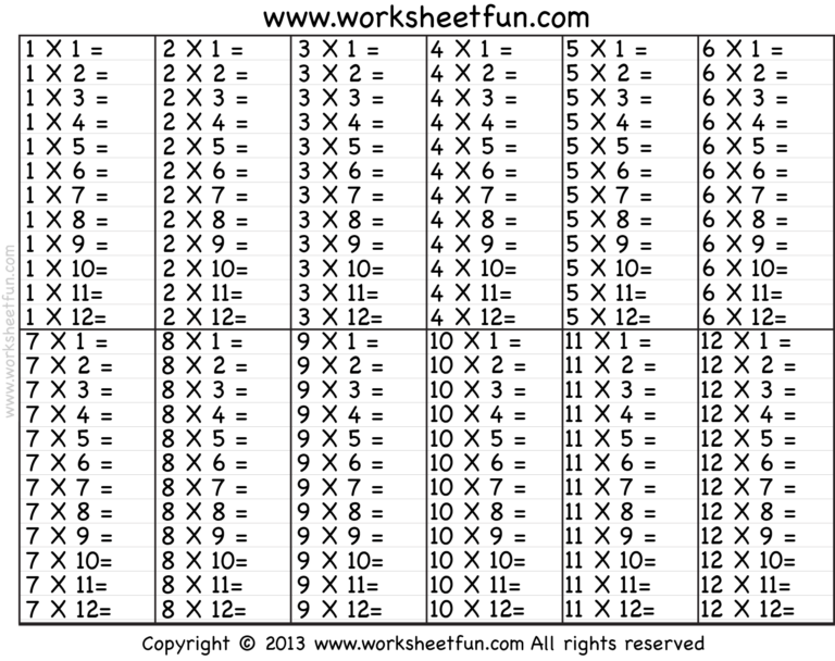 Times Table 2 12 Worksheets 1 2 3 4 5 6 7 8 9 10 11 12 13 14 15 16 17 18 19 And 20 FREE Printable Worksheets Worksheetfun