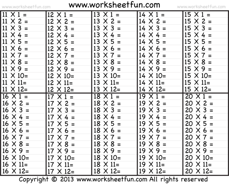Times Table 2 12 Worksheets 1 2 3 4 5 6 7 8 9 10 11 12 13 14 15 16 17 18 19 And 20 FREE Printable Worksheets Worksheetfun