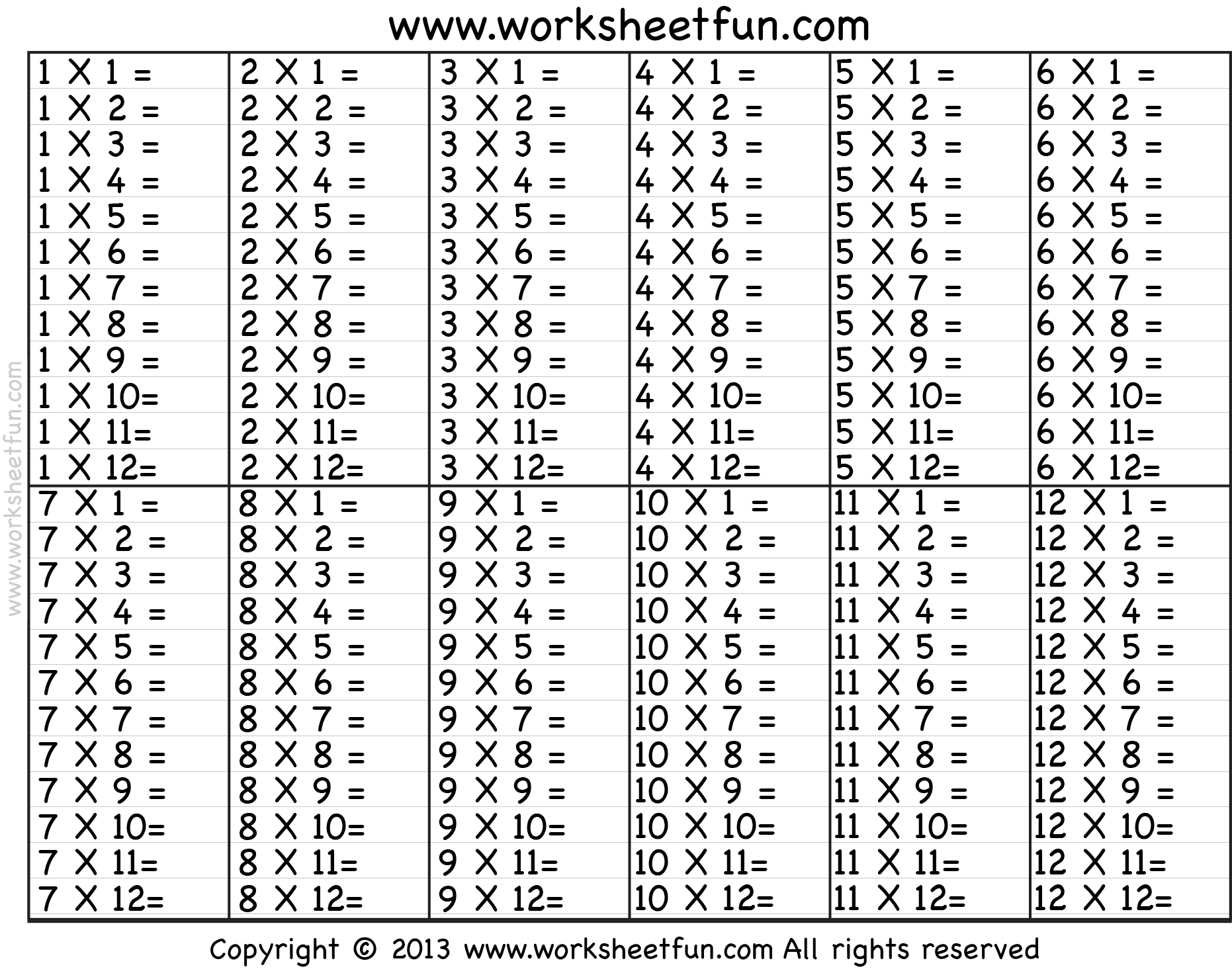 Times Table 2 12 Worksheets 1 2 3 4 5 6 7 8 9 10 11 Worksheets Library