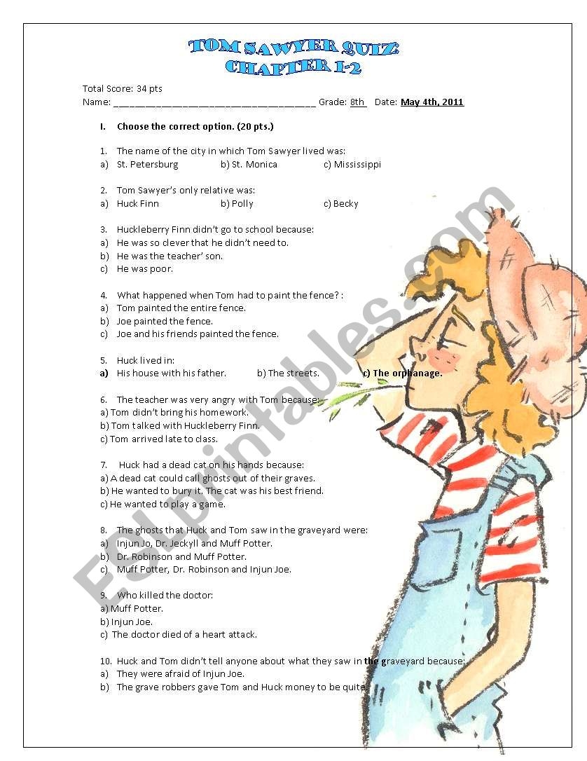 Tom Sawyer Ch 1 2 ESL Worksheet By Claudio Ibacache