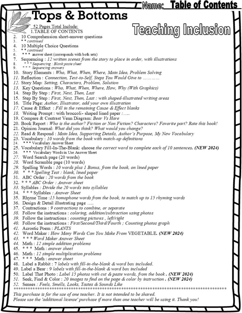 Tops U0026 Bottoms Read Aloud Book Study Companion Reading Comprehension Worksheets