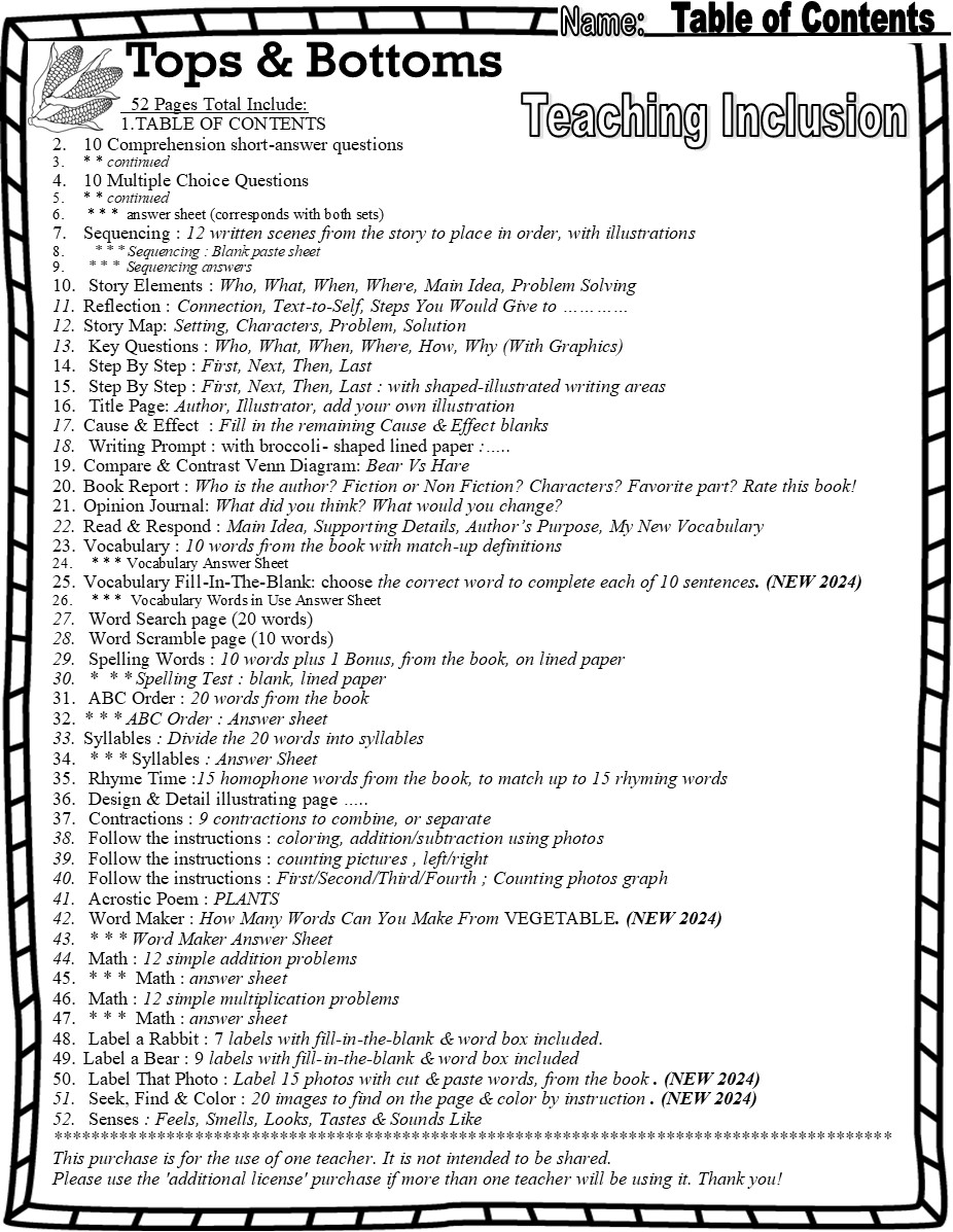 Tops U0026 Bottoms Read Aloud Book Study Companion Reading Comprehension Worksheets Tops U0026 Bottoms Read Aloud Book Study Companion Reading Comprehension Worksheets