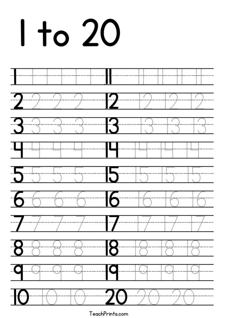 Tracing Numbers 1 20 Worksheets Free Printable Pdfs Teach Prints