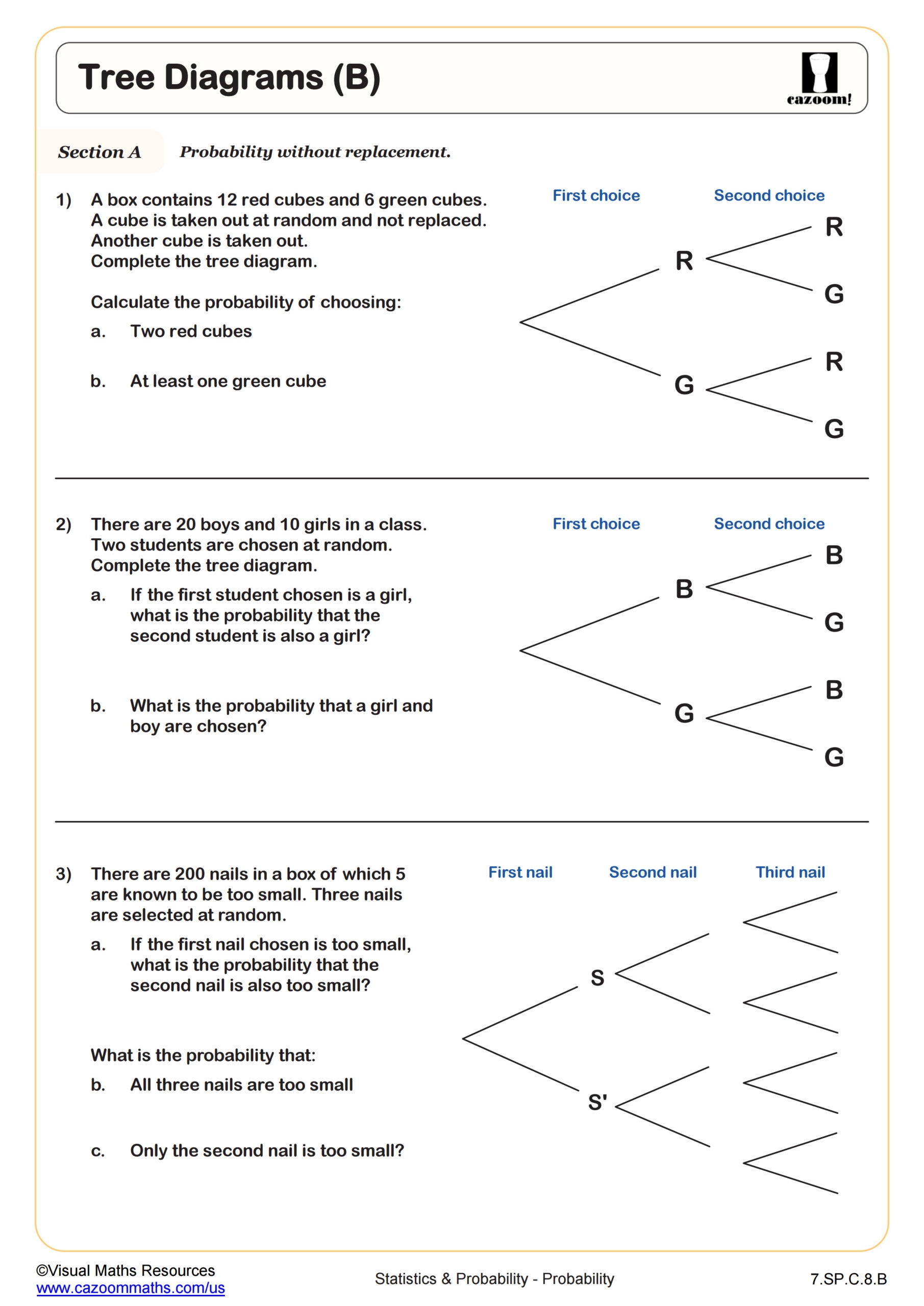 Tree Diagrams B Worksheet PDF Printable Statistics Tree Diagrams B Worksheet PDF Printable Statistics