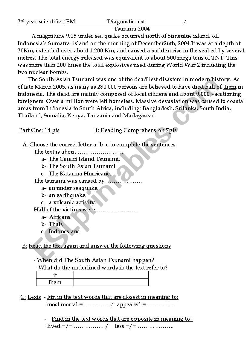 Reading Comprehension Tsunami Japan Worksheet Answers