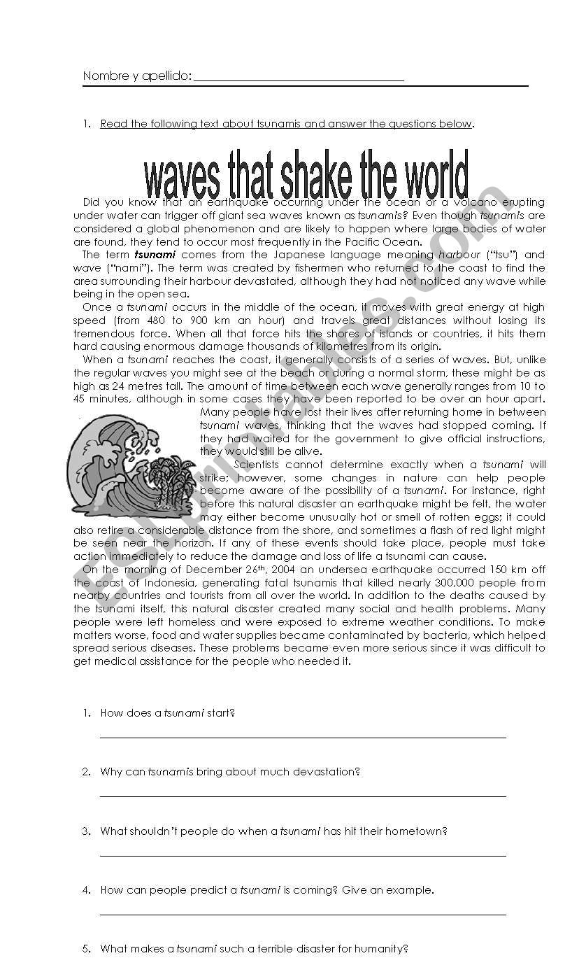 Tsunami Comprehension Test ESL Worksheet By Berny76