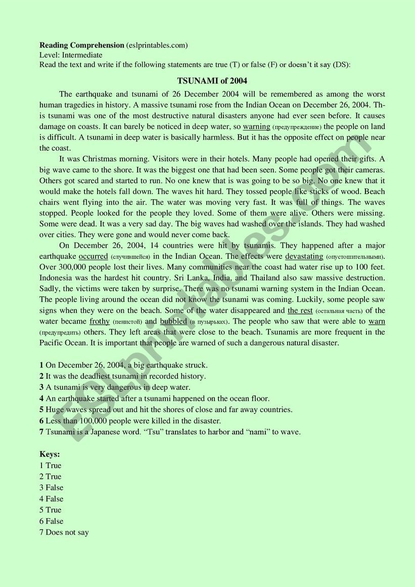 TSUNAMI Of 2004 ESL Worksheet By Zhigbaeva