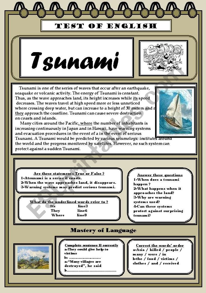 Tsunami TEST OF ENGLISH ESL Worksheet By Zizou27300