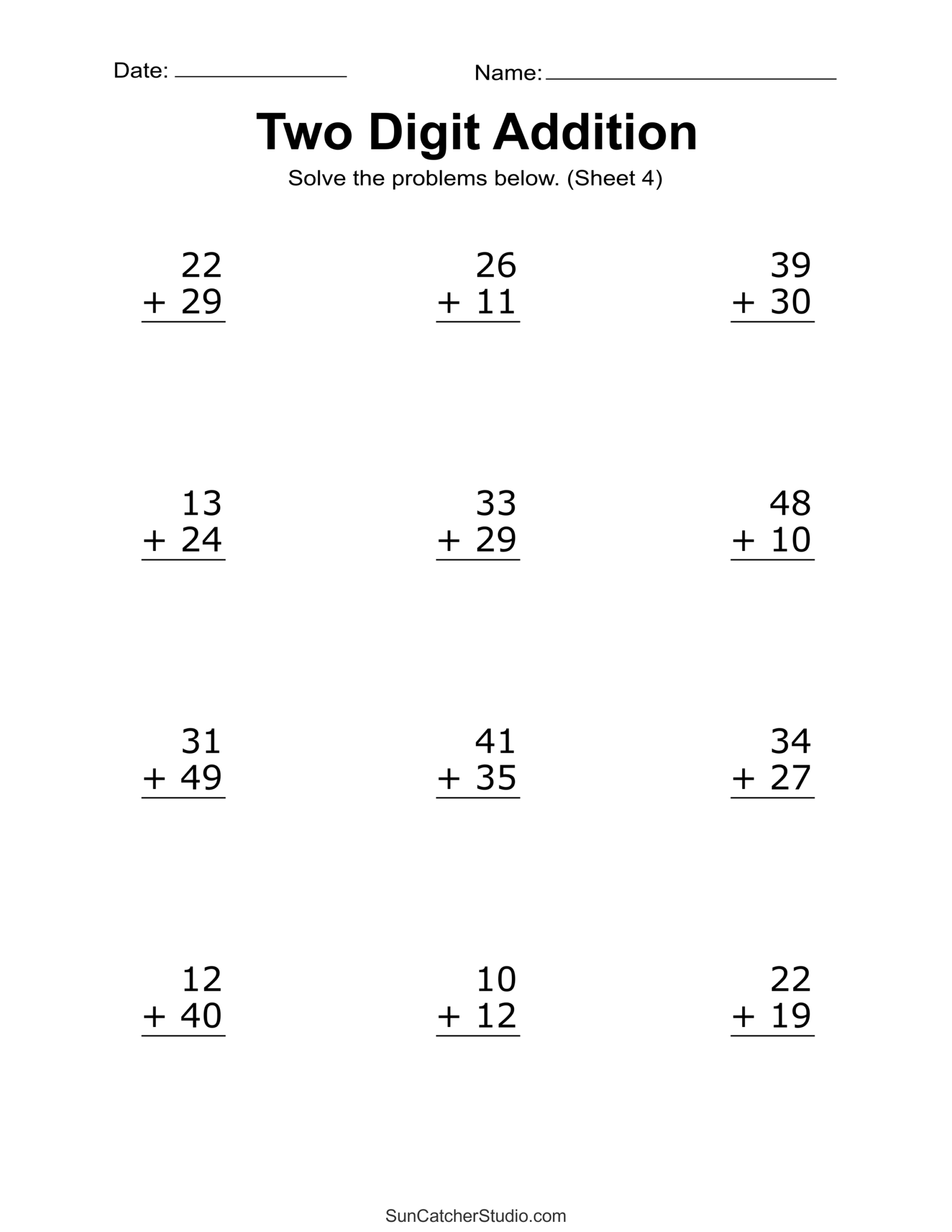 Two Digit Addition Worksheets Printable 2 Digit Problems Free 