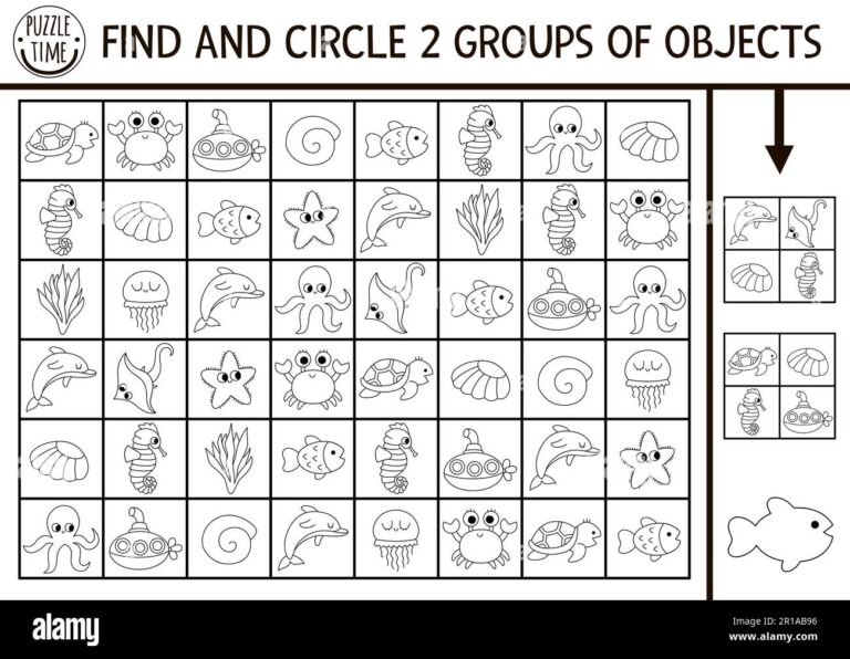 Under The Sea Black And White Seek And Find Game With Traditional Symbols Attention Skills Training Puzzle Ocean Printable Line Activity For Kids W Stock Vector Image U0026 Art Alamy
