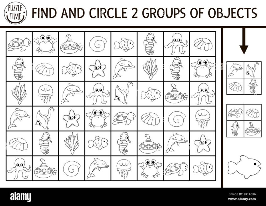 Under The Sea Black And White Seek And Find Game With Traditional Symbols Attention Skills Training Puzzle Ocean Printable Line Activity For Kids W Stock Vector Image U0026 Art Alamy