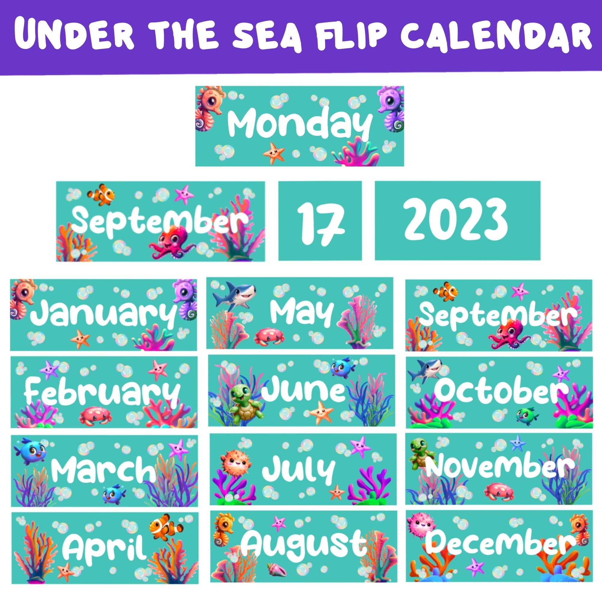 Under The Sea Classroom Theme Classroom Flip Calendar Ocean Calendar 2024 Printable Calendar For Kids Ocean Classroom Decor Fish Theme Etsy Australia