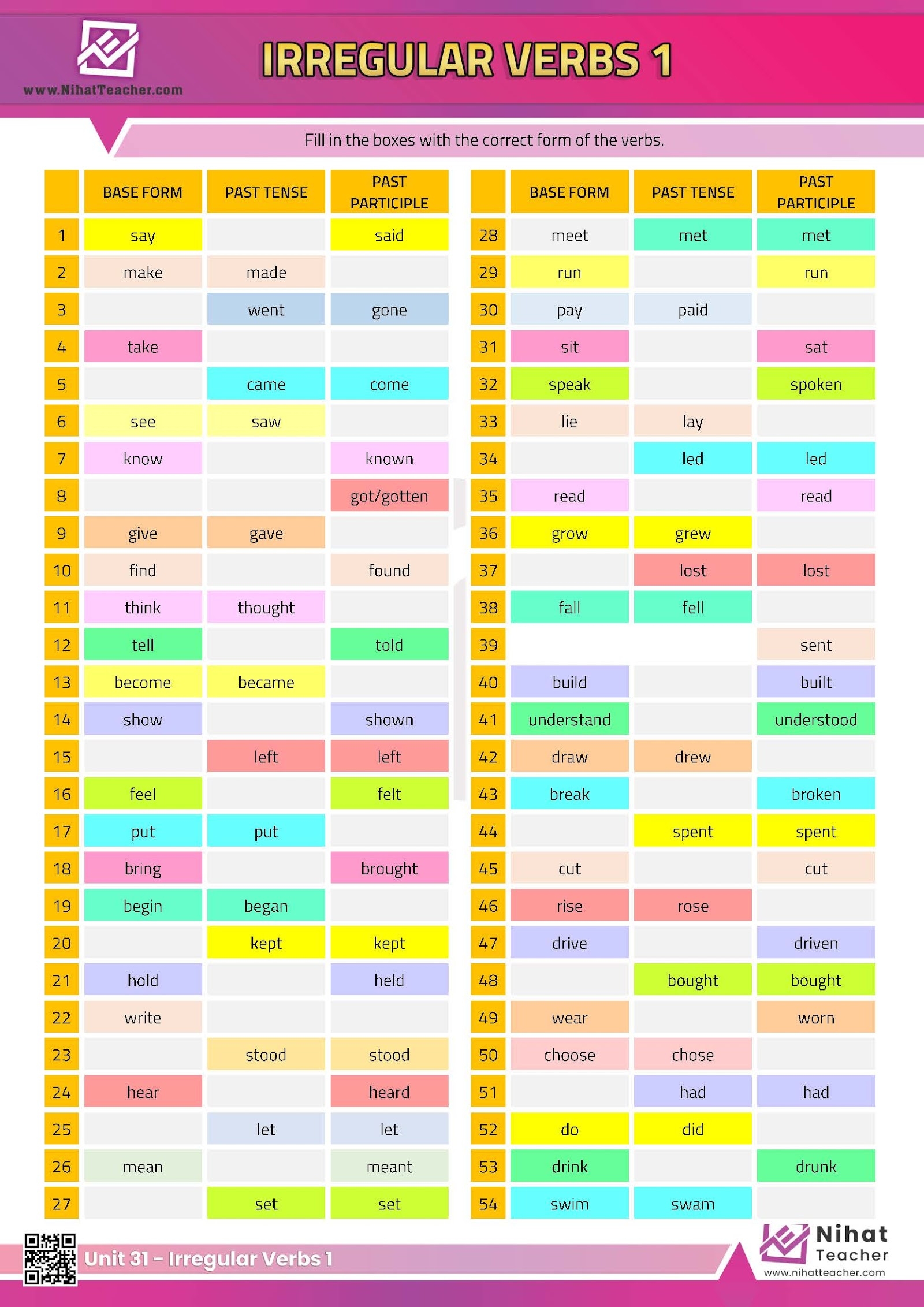Unit 31 Irregular Verbs Worksheet 1 Free English Learning And 