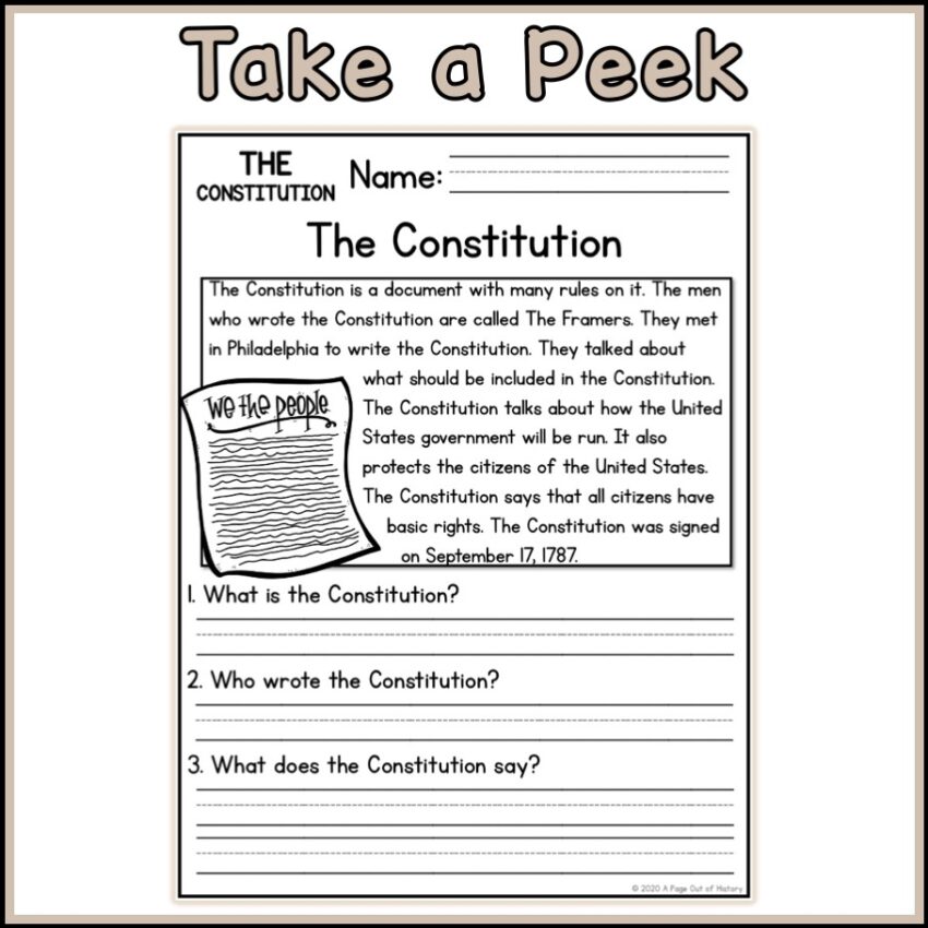 US Constitution Social Studies Reading Comprehension Passages K 2 Classful
