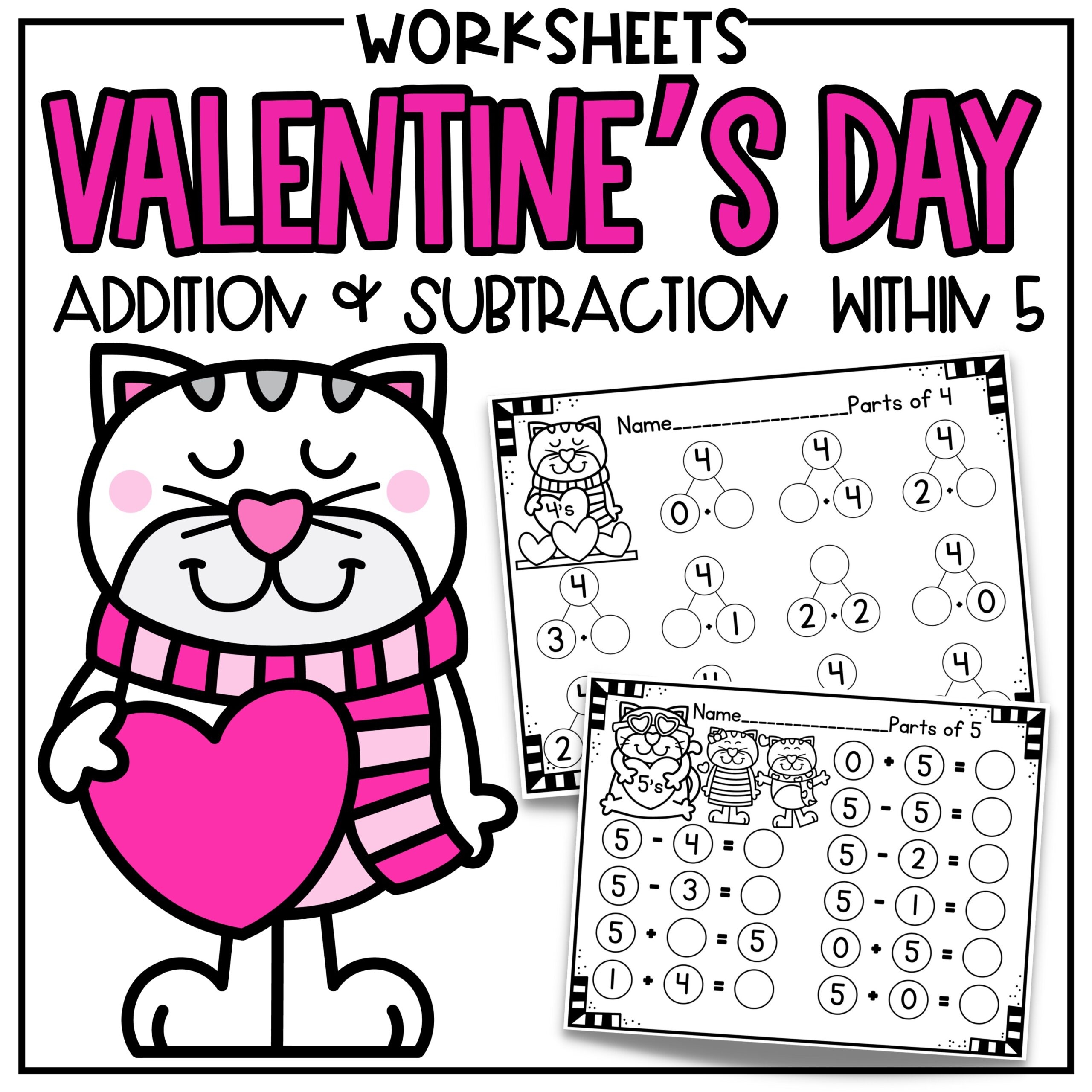 Valentine s Day Kindergarten Math Worksheets Add Subtract 