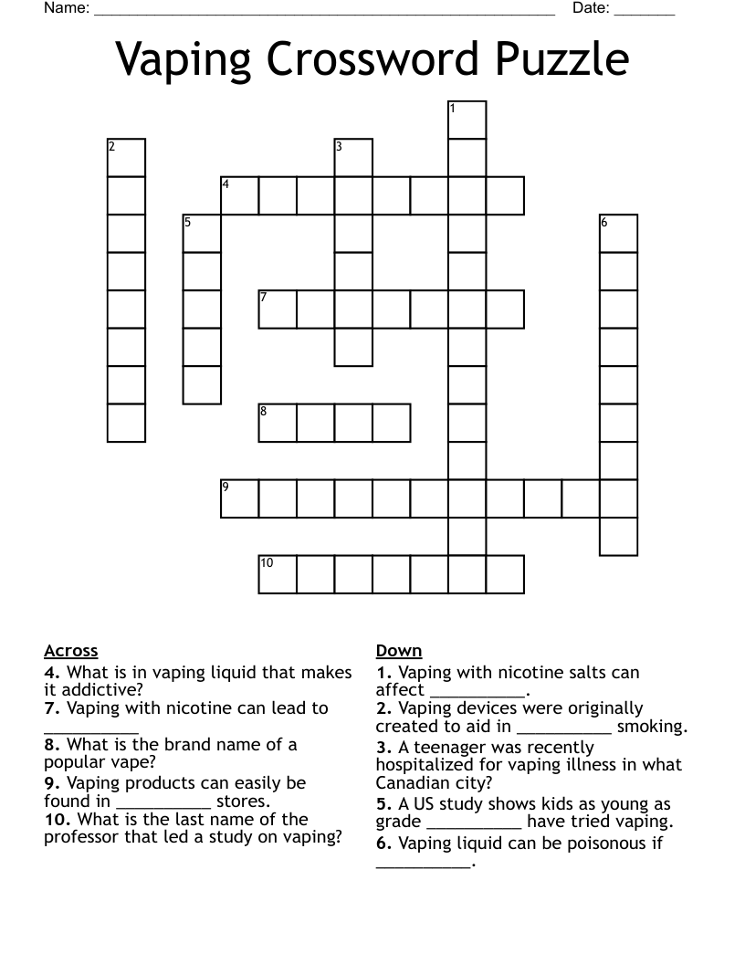Vaping Crossword Puzzle WordMint