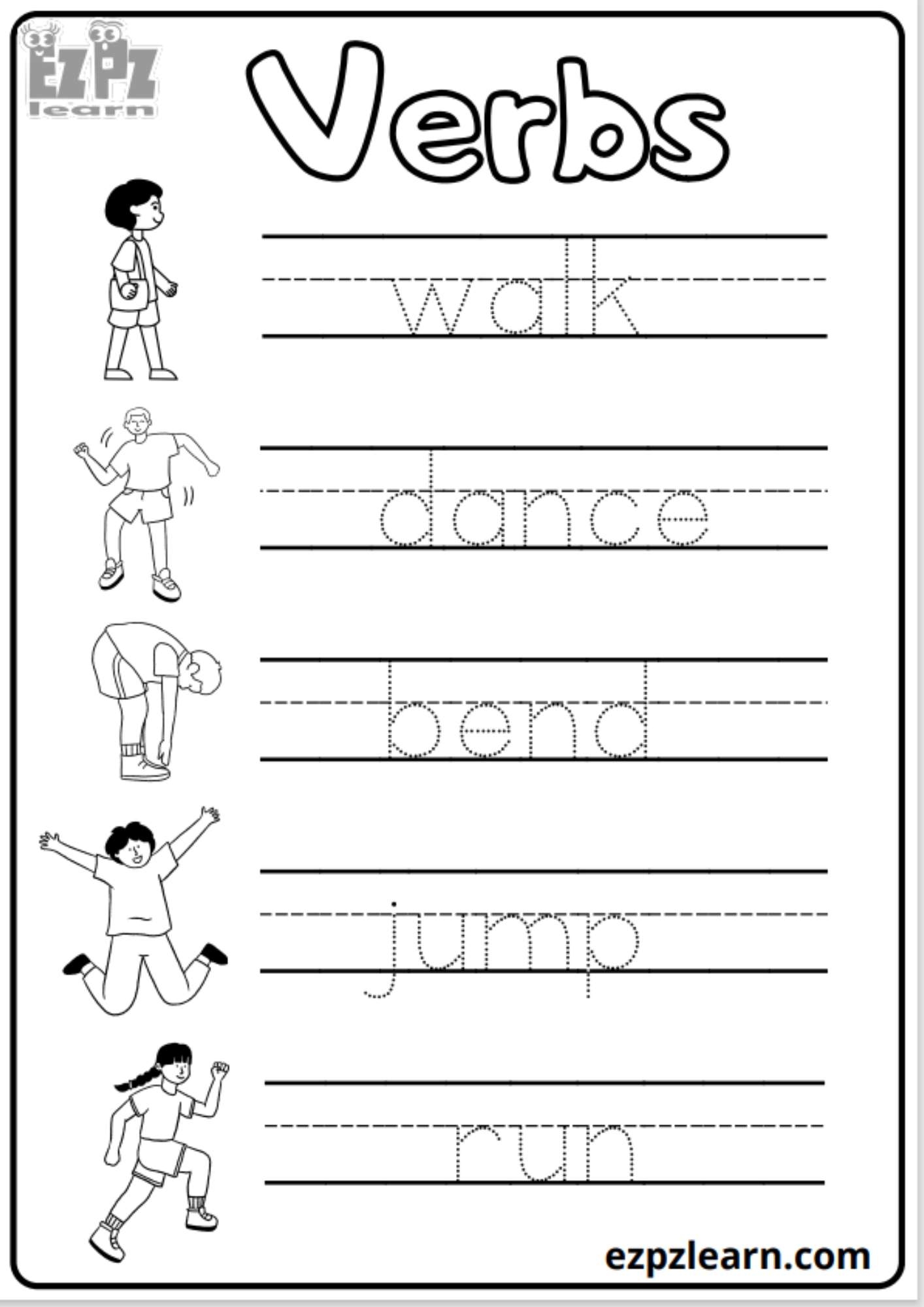 Verbs Tracing 2 Worksheet For Kids Free PDF Download Ezpzlearn