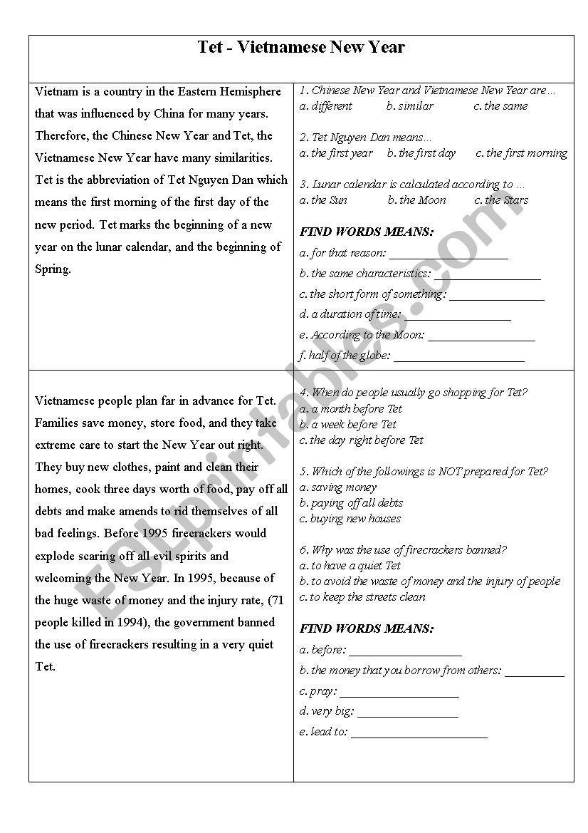 VIETNAMESE TET ESL Worksheet By NHUNGTH