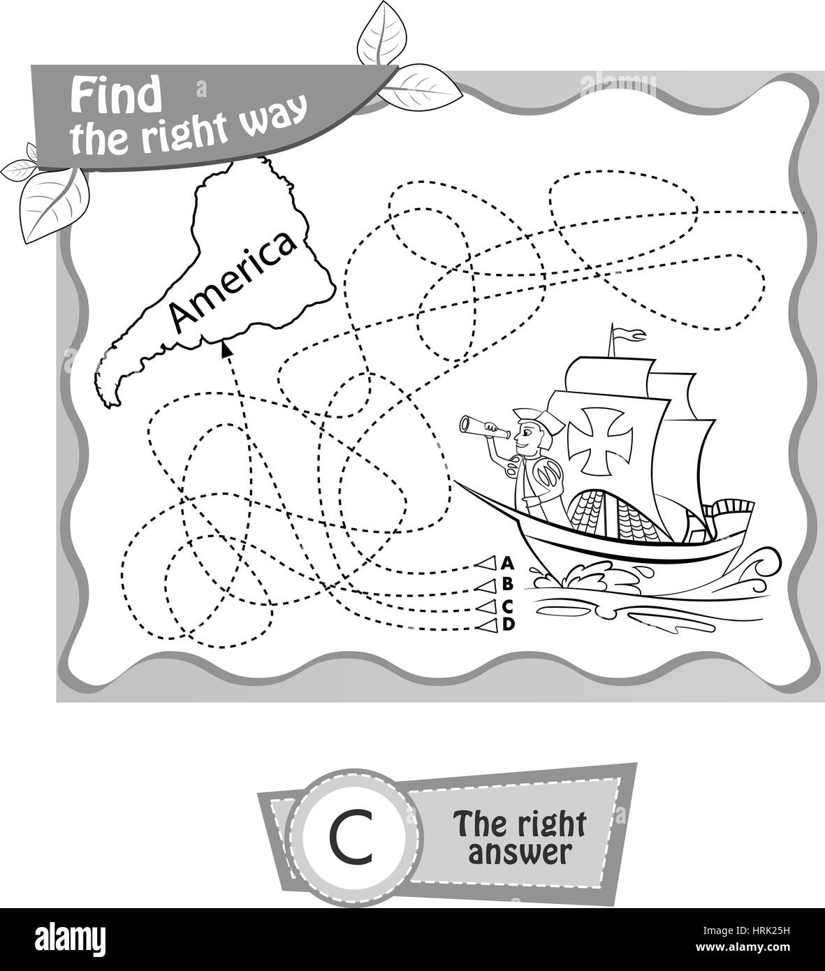 Visual Game Coloring Book For Children Columbus Day Find The Right Way Black And White Vector Illustration Stock Vector Image U0026 Art Alamy