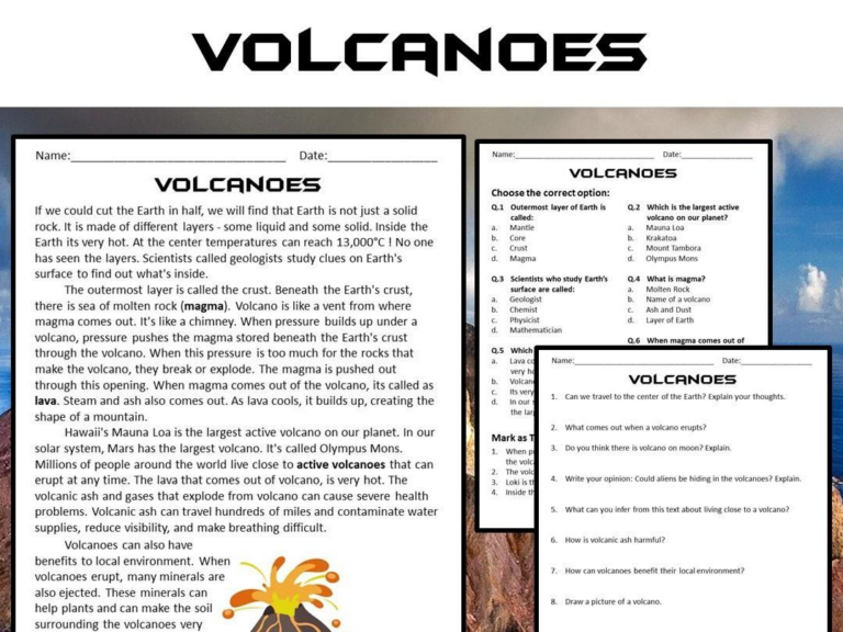 Volcanoes Reading Comprehension Passage And Questions PDF 