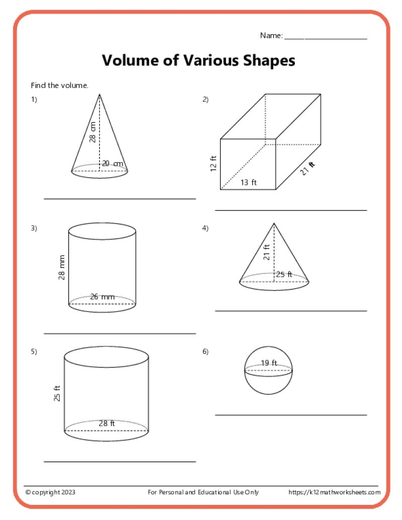 Cylinders Worksheets Printable Free
