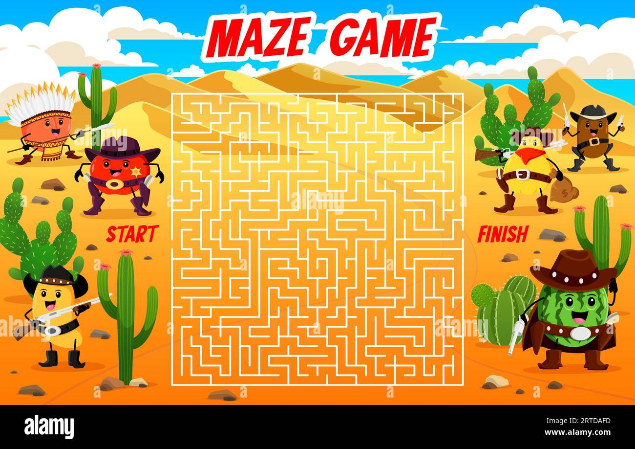 Western Labyrinth Maze Help Cartoon Fruit Sheriff And Ranger To Find Bandits In Desert Kids Game