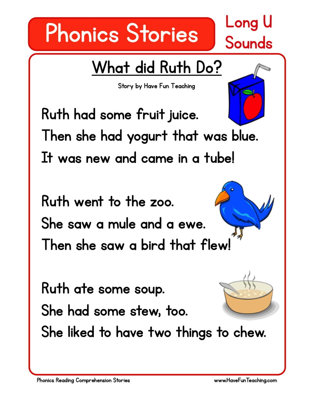 What Did Ruth Do Phonics Reading Comprehension Story Worksheet Long Vowel U Sound Have Fun Teaching What Did Ruth Do Phonics Reading Comprehension Story Worksheet Long Vowel U Sound Have Fun Teaching