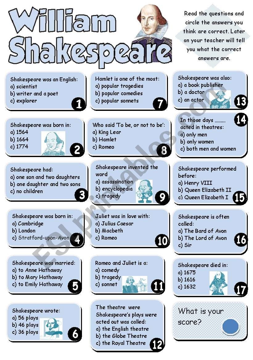 WILLIAM SHAKESPEARE QUIZ ESL Worksheet By Jecika WILLIAM SHAKESPEARE QUIZ ESL Worksheet By Jecika