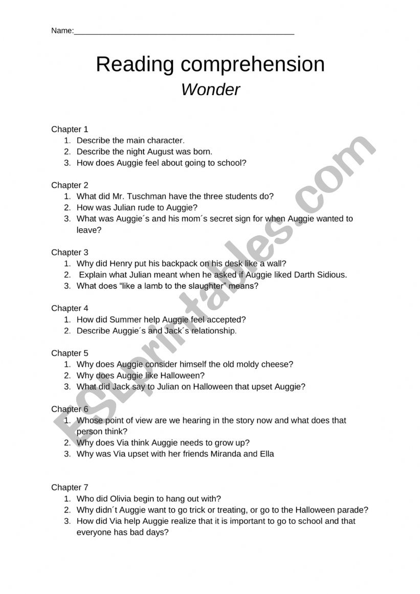 Wonder Reading Comprehension ESL Worksheet By Oneesan Wonder Reading Comprehension ESL Worksheet By Oneesan