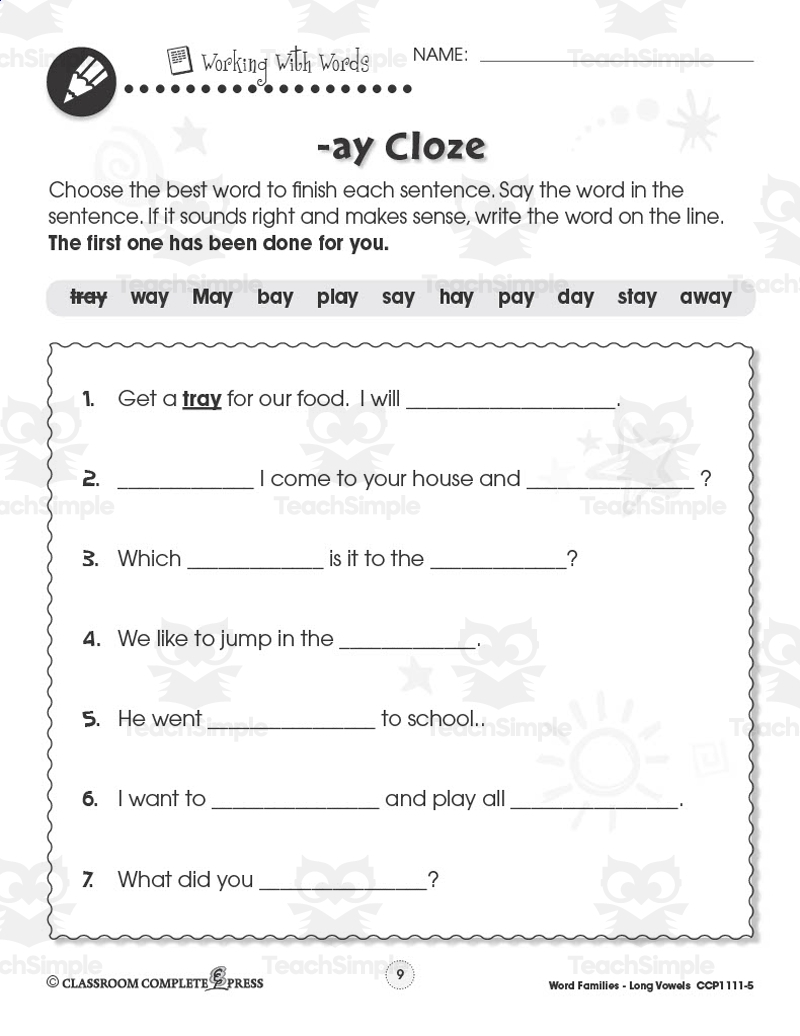 Word Families Long Vowels Cloze By Teach Simple
