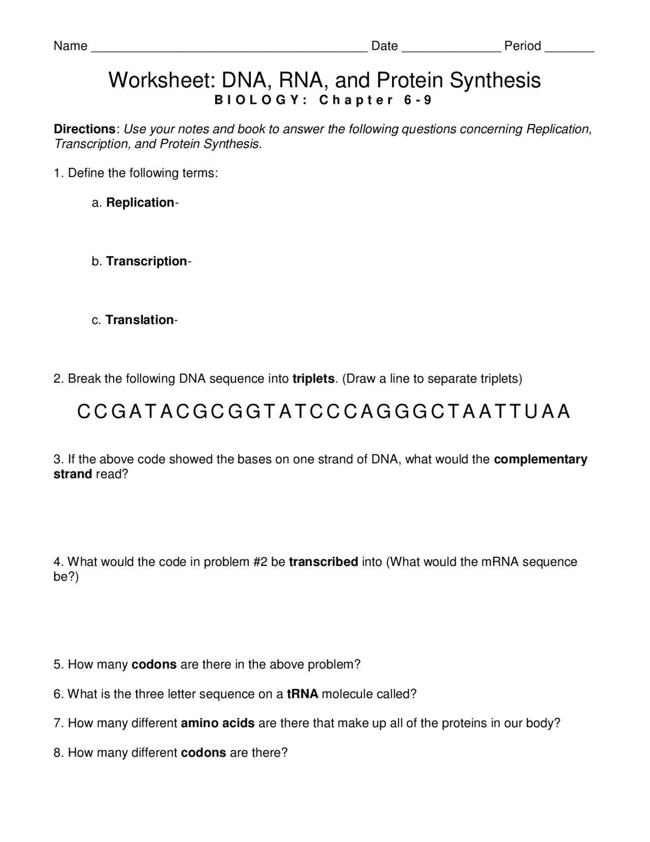 Worksheet DNA RNA And Protein Synthesis Exercises Genetics Worksheets Library