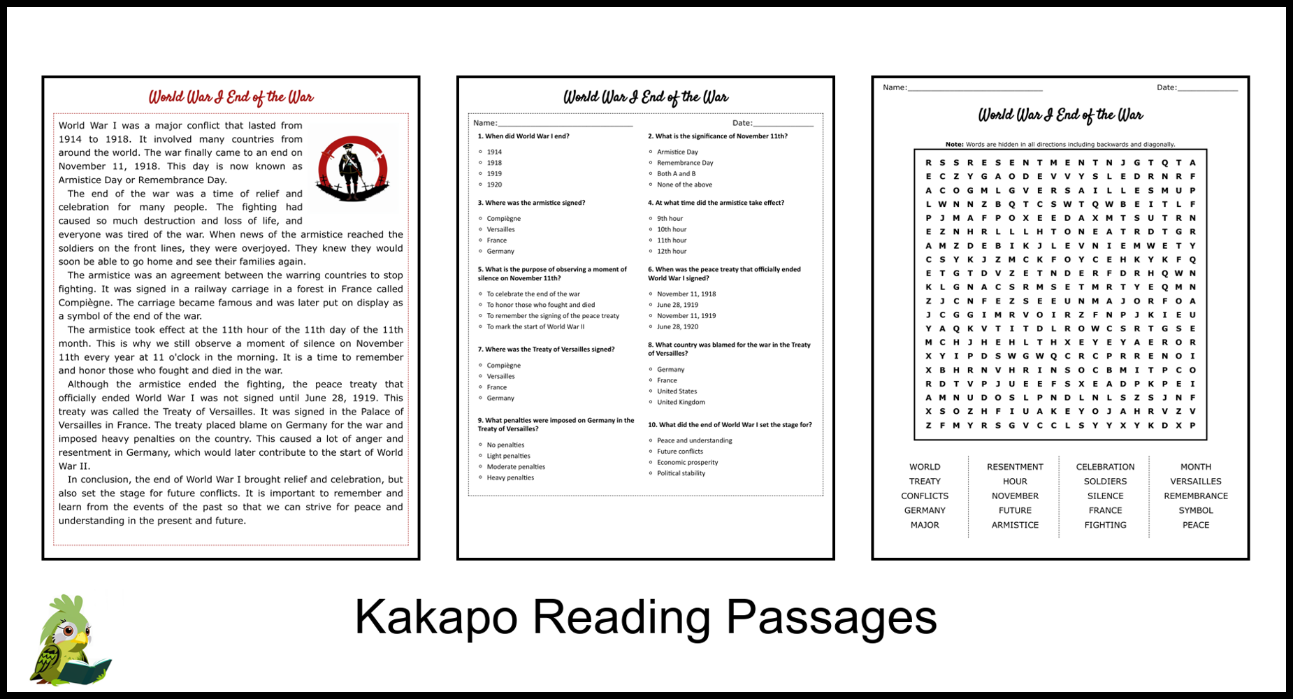 World War I End Of The War Reading Comprehension And Word Search Teaching Resources World War I End Of The War Reading Comprehension And Word Search Teaching Resources