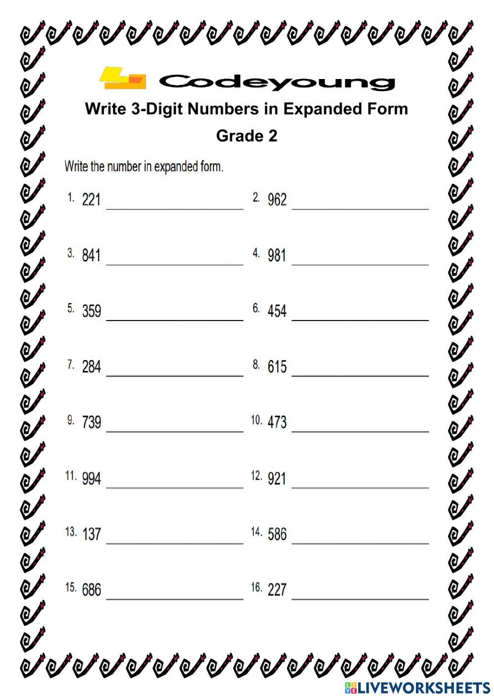 Write 3 Digit Numbers In Expanded Form Worksheet Live Worksheets Worksheets Library
