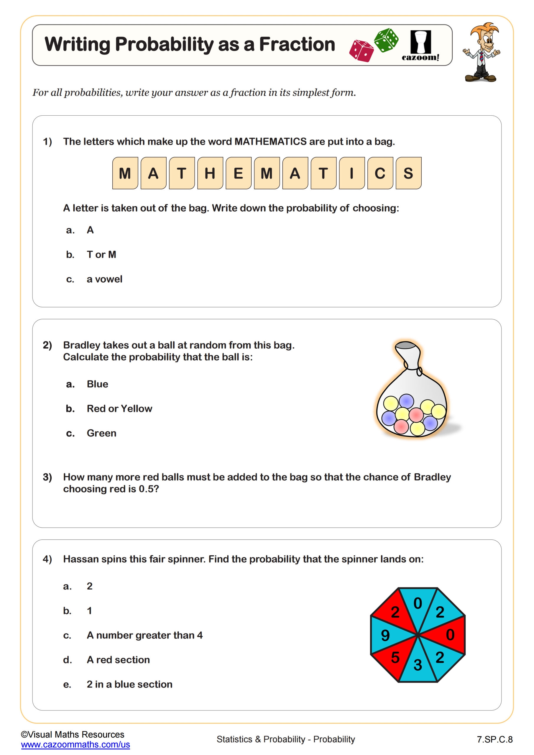 Writing Probability As A Fraction Worksheet PDF Printable 