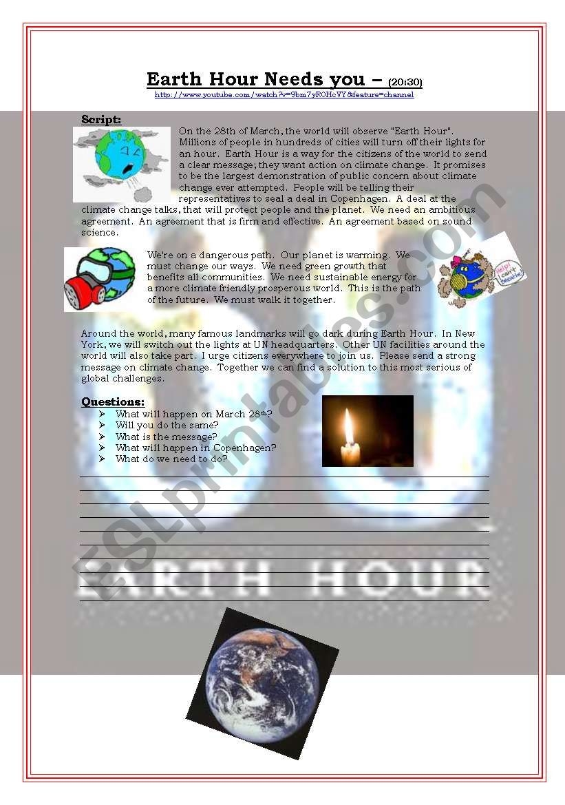 Youtube Video Earth Hour ESL Worksheet By Wolfy Youtube Video Earth Hour ESL Worksheet By Wolfy