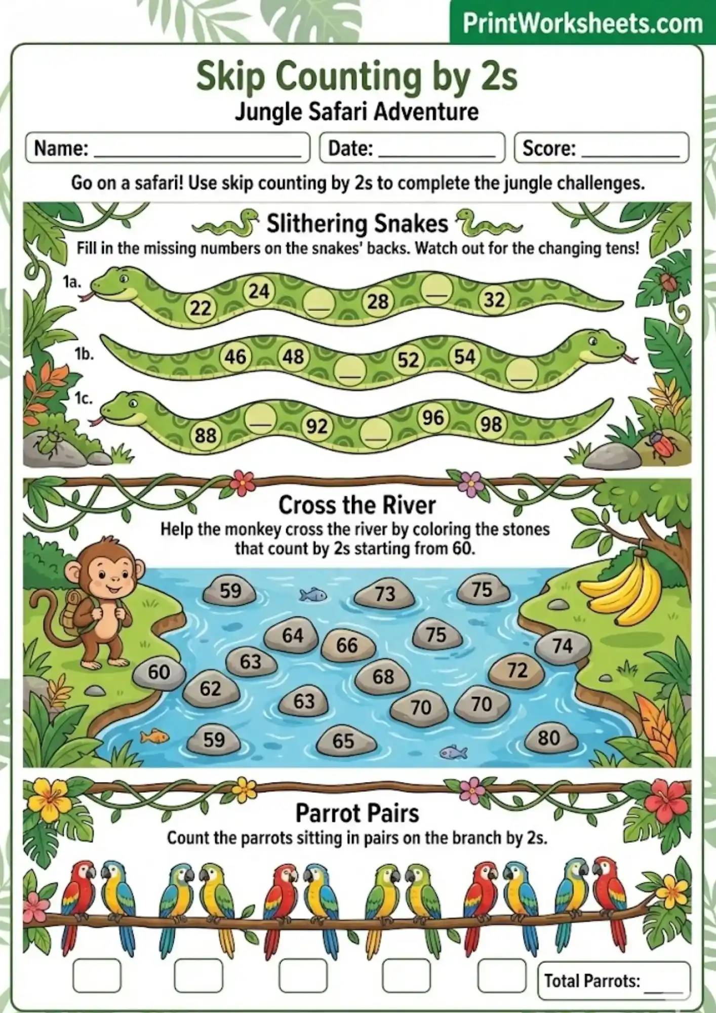 3rd Grade Printable Worksheet for Skip Counting by 2s Engaging 3rd grade printable worksheet featuring skip counting by 2s with a jungle safari theme.