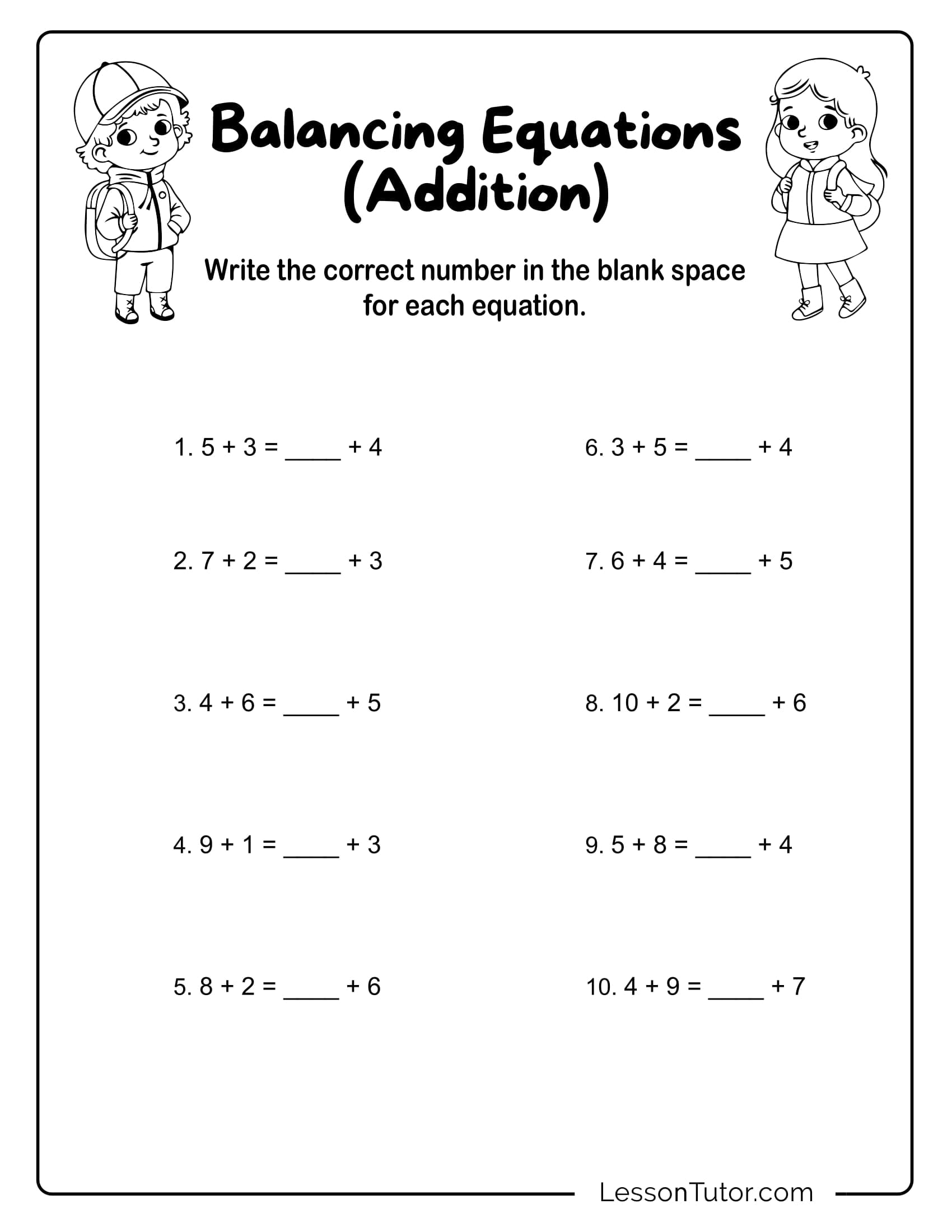Engaging Equation Worksheets for Grade 2 Students Colorful balancing equations worksheet designed for second grade students to practice addition.