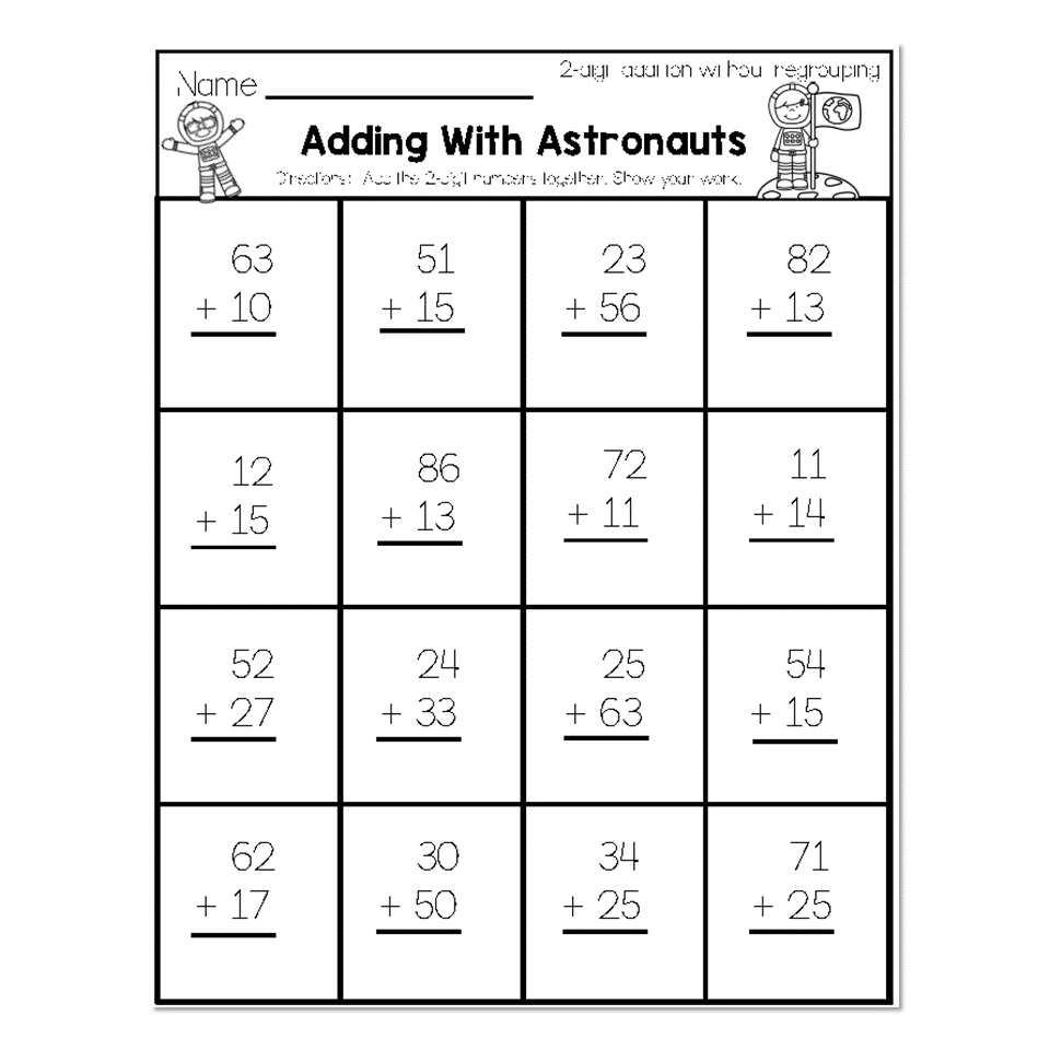 Free 2nd Grade Math Worksheets for 2 Digit Addition Practice Engaging 2nd grade math worksheets for practicing 2 digit addition without regrouping online
