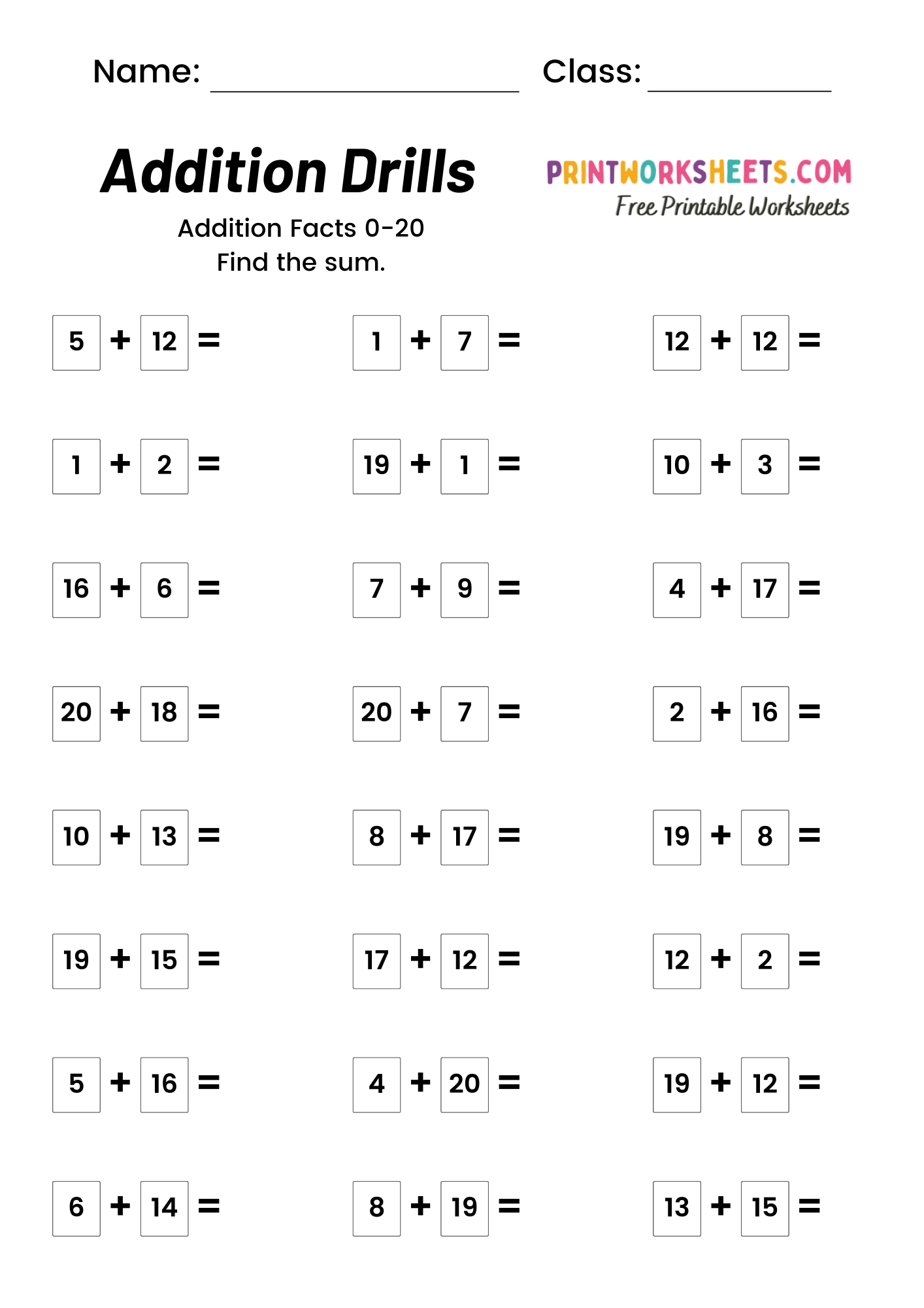 Free Math Drill Sheets for Addition Practice Printable addition drill sheets for free math practice and skill improvement