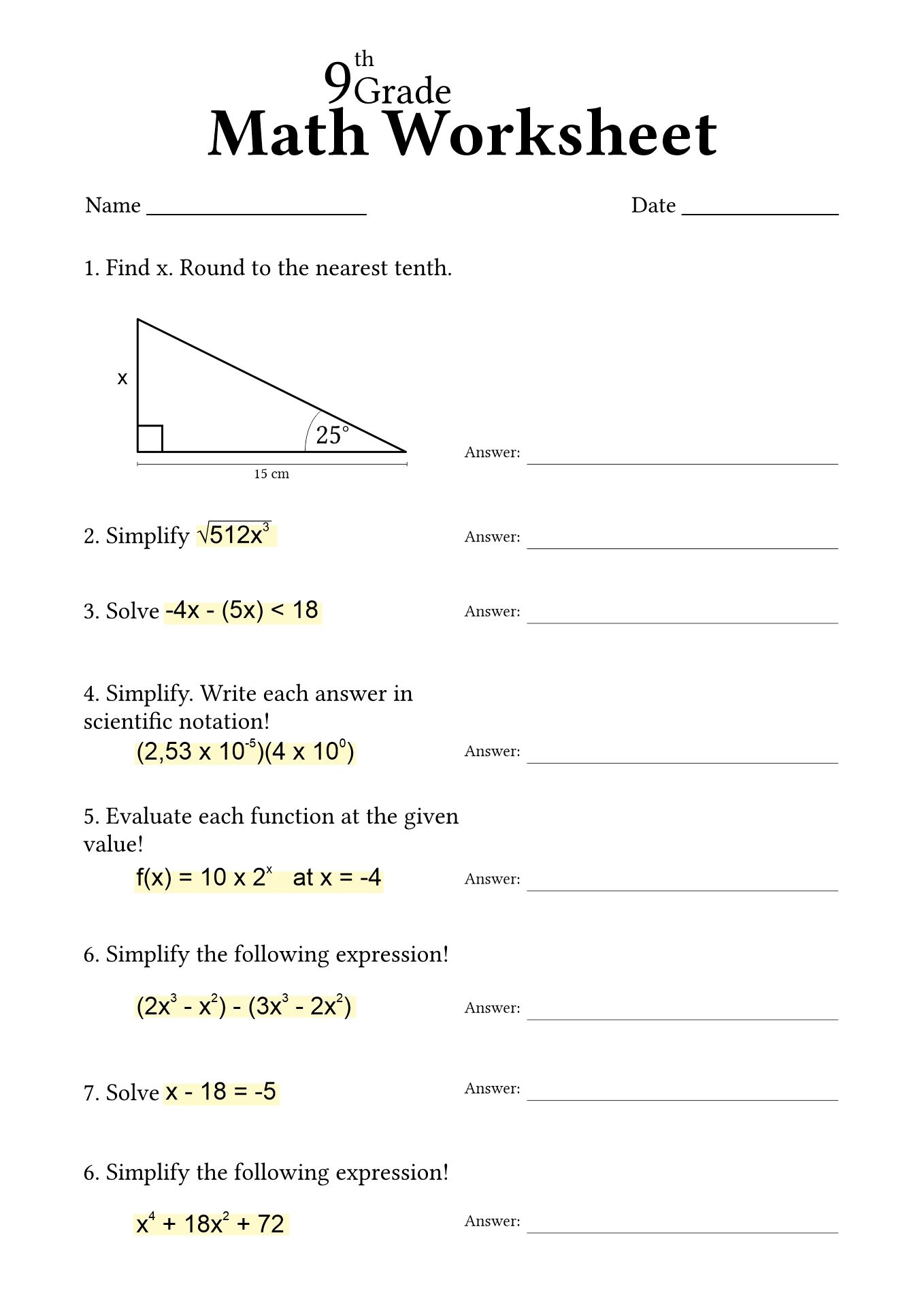 Free Math Worksheets 9 12