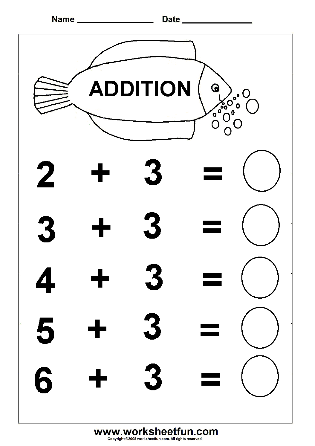 Free Printable Simple Math Worksheets for Beginner Addition A collection of six beginner addition worksheets for kindergarten students, designed for free printing.