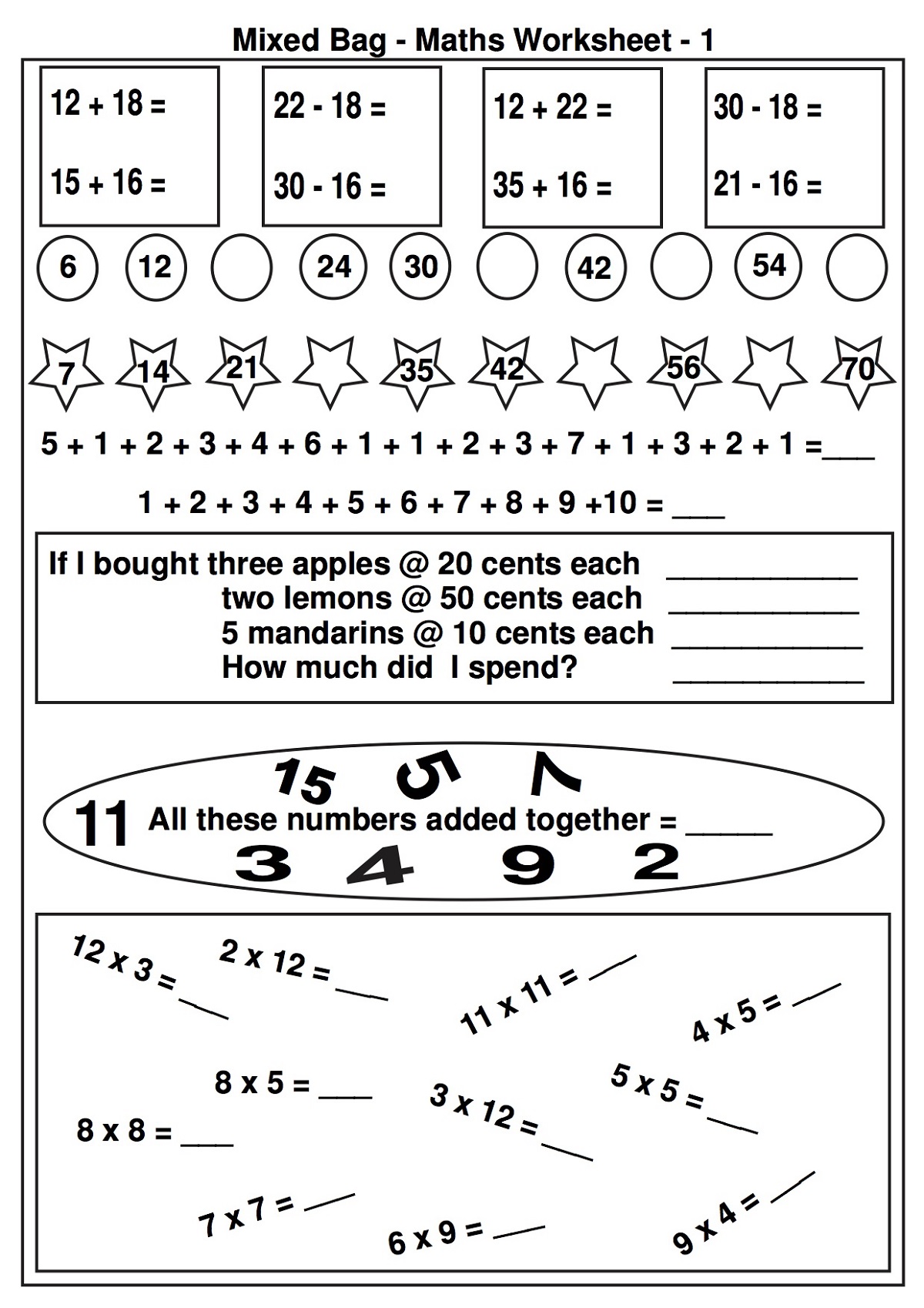 Math Worksheet For Elementary Students