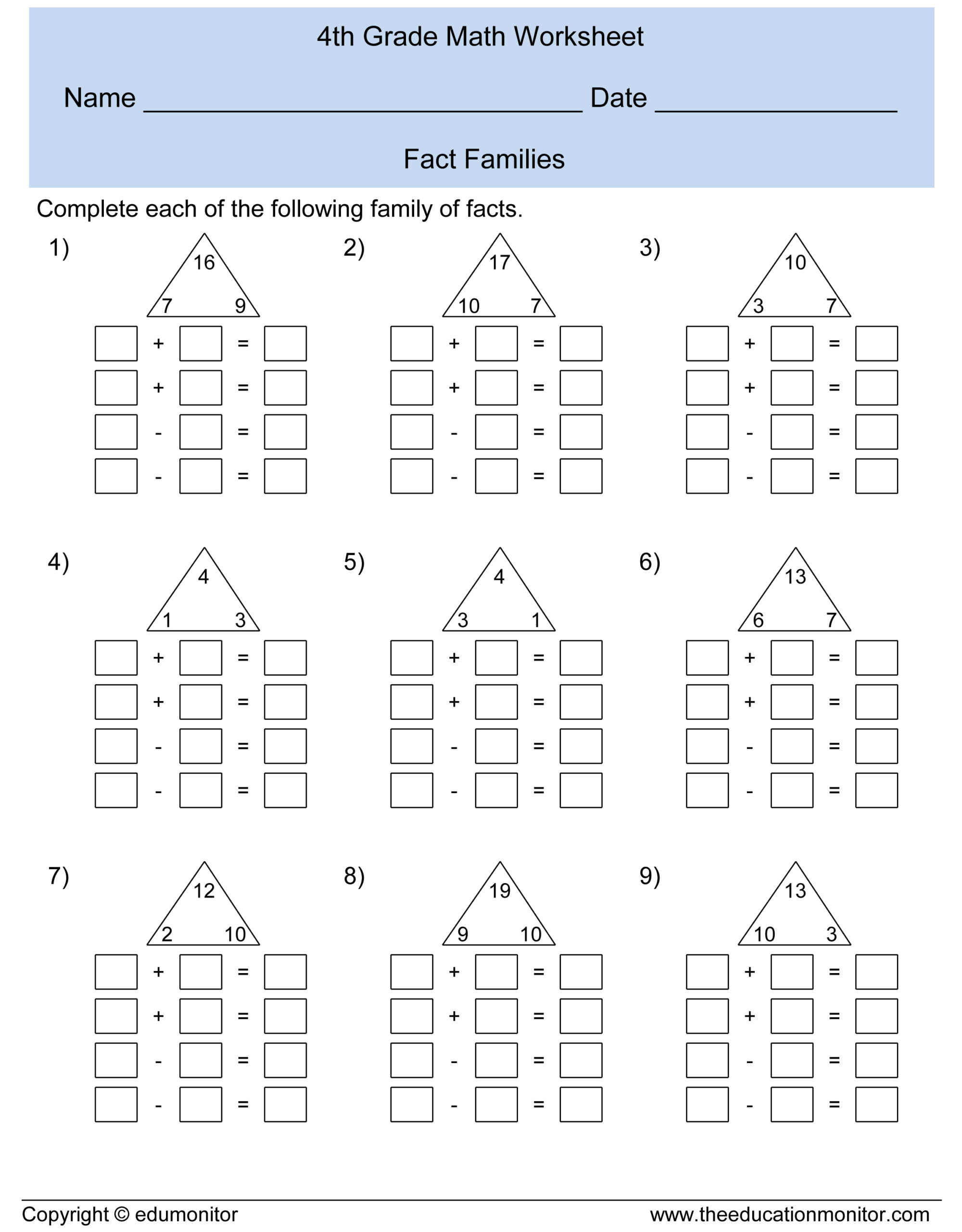 Free Printable Worksheet for Class 4 Maths Printable worksheet for Class 4 Maths featuring fact families and math exercises